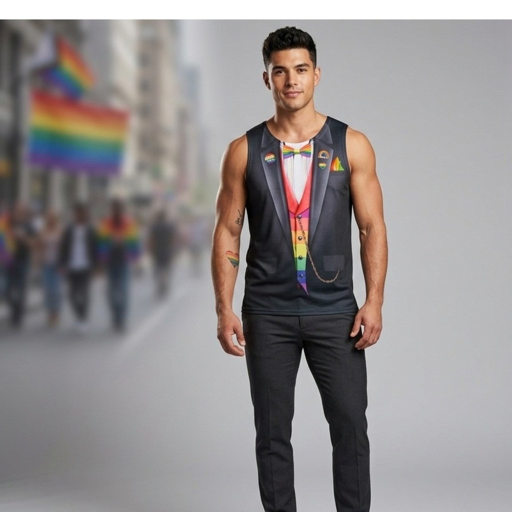 Faux Real Men's Tank Top,‎ Pride Tux, XL Tuxedo Rainbow